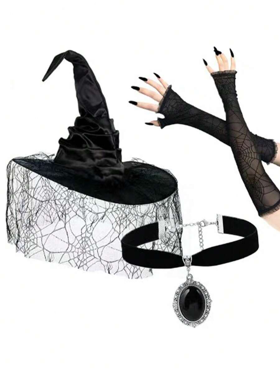 1 套万圣节蜘蛛网女巫帽、网状露指手套、黑宝石项链 3 件套角色扮演派对配饰 - A - 查看 1