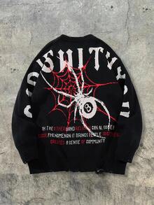 ANDREILEE 男女通用抽象深色十字蜘蛛网图案做旧宽松套头针织衫，休闲通勤百搭，春秋冬季 - 黑色 - 查看 3