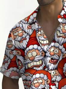 Christmas Santa Claus Cartoon 3D Digital Print Men's Button Pocket Short Sleeve Shirt - Red - View 4