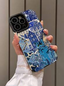 1 件独特多巴胺蓝色建筑蓝猫图案垂直仿皮防摔防指纹防震手机壳适用于苹果和型号 - 彩色 - 查看 3