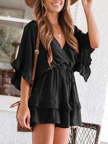 Saodimallsu Womens Ruffle Layered V Neck Beach Romper Drawstring Waisted Shorts Jumpsuit - 黑色 - 查看 1