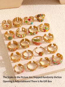 1/3/6/9/12pcs Stainless Steel Minimalist Enamel Geometric Open Ring Set, Suitable For Women's Daily Wear (Random Style Shipped) - Multicolor - View 3