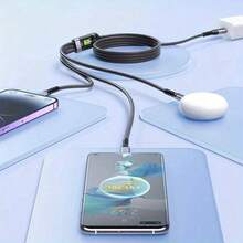 High-Speed 100W 3-In-1 Fast Charge Cable, Nylon Round USB Universal For Phone USB-C, Micro USB, Lightning Male-To-Male Data Sync & Charging Cord Compatible With IPhone, Android, Camera, MP3 Universal Adapter Charger Fast Charging - Black - View 3