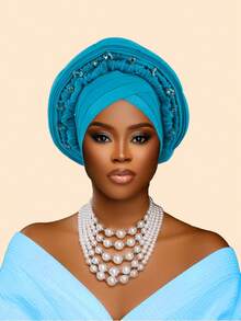 1件重工镶钻多层非洲尼日利亚婚礼头巾，适合婚礼、母亲节礼物、睡帽 - 彩色 - 查看 13