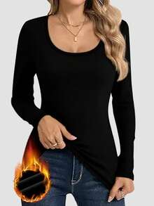 1 件女士秋冬新款保暖内衬方领长袖上衣，修身休闲运动汗衫，百搭背心衬衫