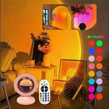 16 Colors RGB Sunset Projection Lamp | Remote Control Stage Projection Light, USB Powered | Smart Dimming & Color Adjustment | Romantic Sunset Desktop Lamp | LED Ambient Lighting For Party, Wedding, Photography And Home Decor | Perfect Gift