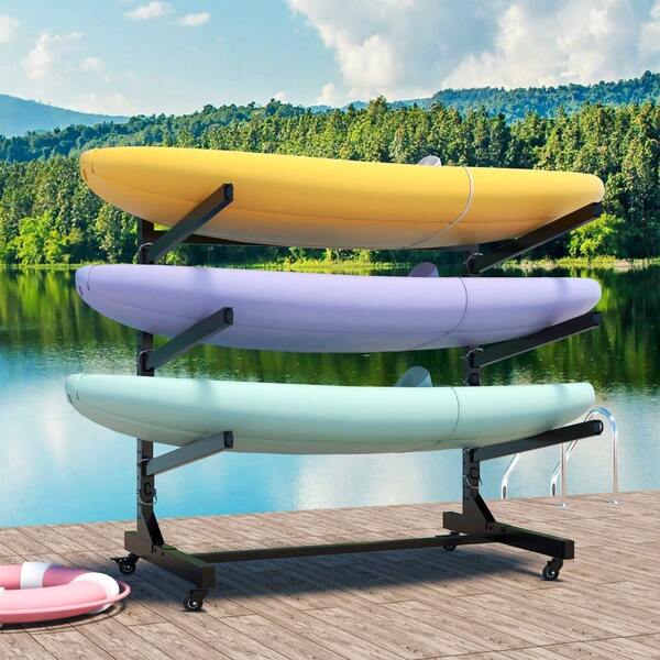 Freestanding Kayak Storage Rack Holds 3 Kayaks, Heavy-Duty Adjustable Stand With Lockable Wheels For Kayak, Canoe,  & Surfboard