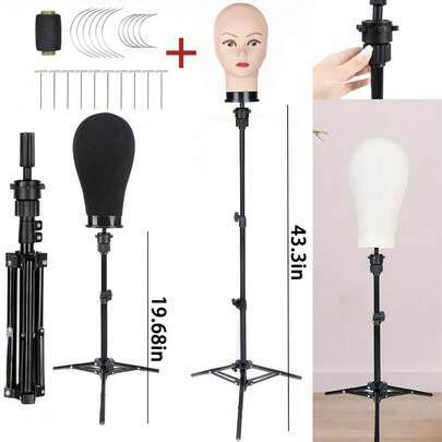 19.6/43.3in Wig Stand Tripod Metal Adjustable Mannequin Head Stand Upgrade Foldable Wig Head Stand For Cosmetology Hairdressing Training