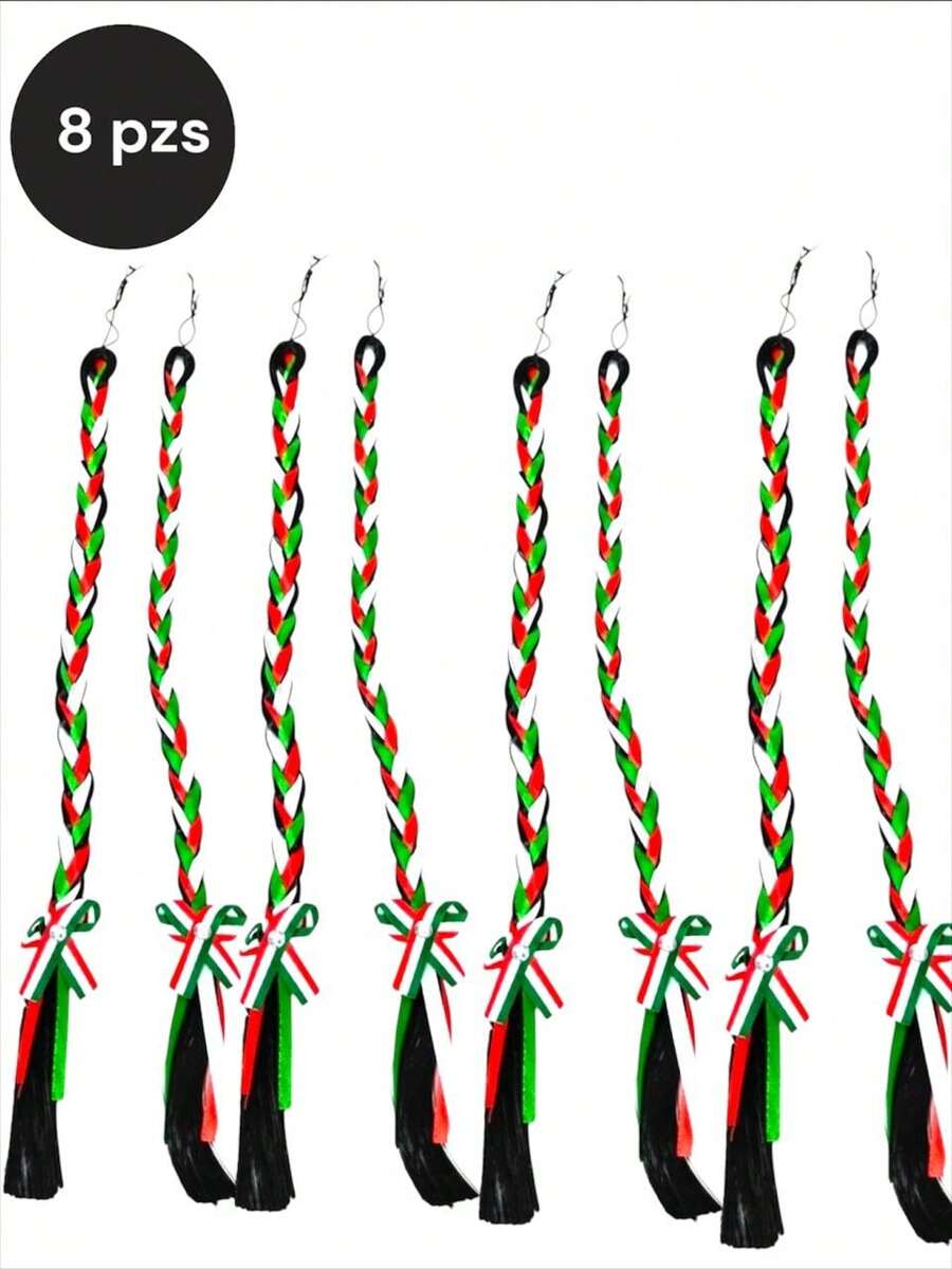 Kit de  4 pzs u 8 pzs de trenzas tricolor de independencia de México miden 50 cm de largo, 15 de septiembre, 16 de septiembre china poblana, fiesta mexicana, trenza mexicana, disfraz mexicano - 4 pares - Ver 1