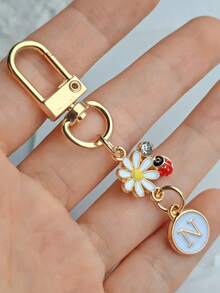 1pc Unisex A-Z Letter Stainless Steel Keychain, Minimalist Letter, Flower, Ladybug Design, Gift For Friends, Bag Pendant - Multicolor - View 28