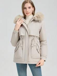 女式保暖梭织派克大衣，带人造毛皮兜帽和保暖衬里，长袖拉链口袋，常规长度冬季外套 - 米色 - 查看 6