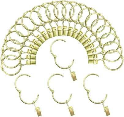 Openable Curtain Rings With Clips 1.25 Inch Interior Diameter 24 Pack Rustproof Metal Hangers Ring Decorative Drapery Vintage Gold ,13893767
