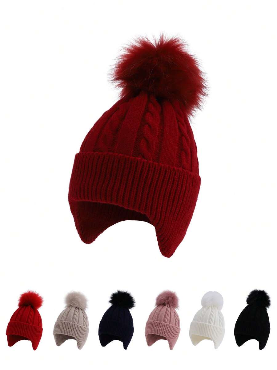 1 件儿童针织帽，带绒球，保暖护耳帽，适合男孩和女孩，秋冬 - 1PC - 查看 1