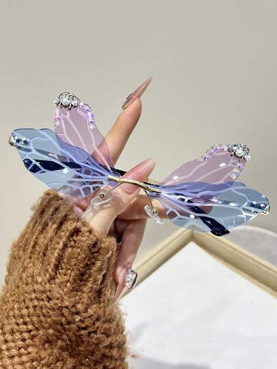 1 Cặp Kính thời trang không gọng đính đá pha lê hình cánh chuồn chuồn cá nhân hóa dành cho cả nam và nữ, Thích hợp đeo hàng ngày, Tiệc tùng, Chụp ảnh đường phố, Sàn diễn thời trang, Trang trí tiệc tùng