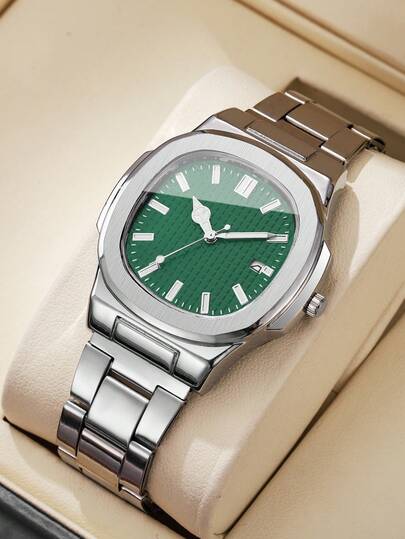 1pc Minimalist Square Dial Calendar Stainless Steel Strap Quartz Wrist Watch, Business (Watch Box Not Included)