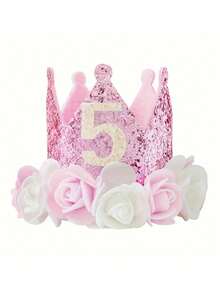1 pieza Sombrero de cumpleaños para niños de 1 a 5 años, corona de fieltro con flores rosa y blanco con brillo, adecuado para cumpleaños, fiestas de Navidad y suministros para eventos