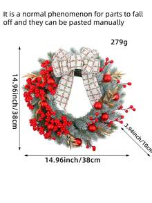 1pc 14.96inch Christmas Red Berry Wreath Decor, Creative Christmas Berry & Bow Vine Wreath For Holiday Home Decor, Suitable For Staircase, Outdoor, Living Room Wall Christmas Decorations Room Decor Winter
