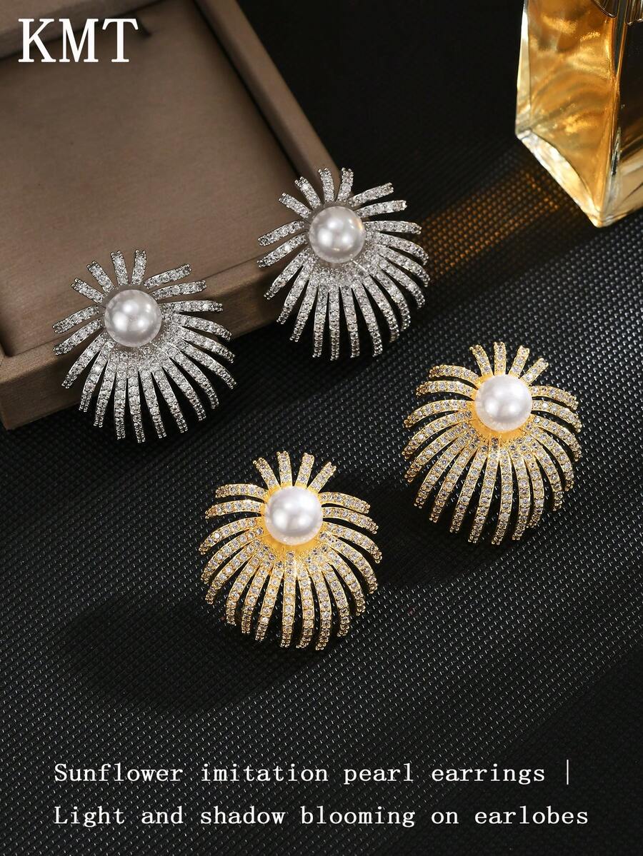 KMT 2pcs Copper Alloy Inlaid Cubic Zirconia & Faux Pearl Exquisite Sparkling Geometric Exaggerated Elegant Women's Fashion Earrings, Suitable For Banquet, Party, Engagement - Fireworks - View 1