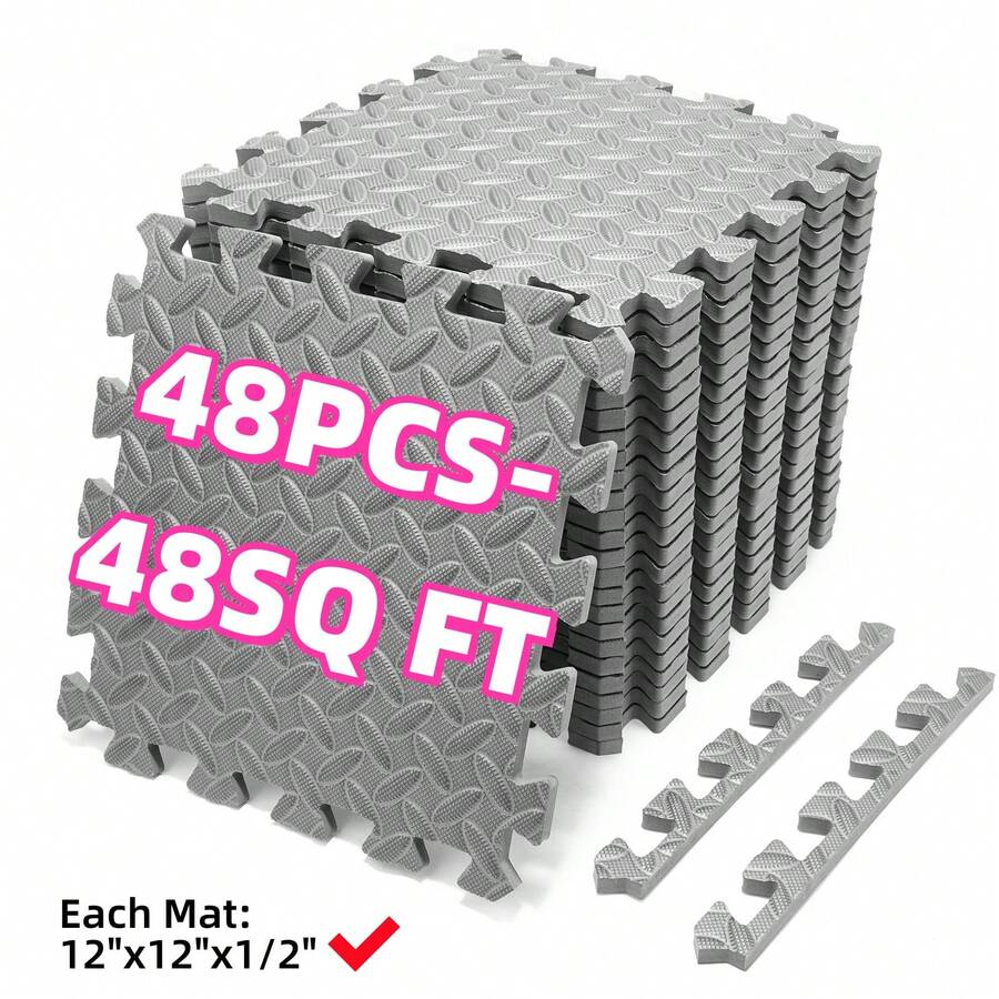 48-Pack EVA Foam Interlocking Mats, Black/Gray Gym Puzzle Tiles, Home Workout Floor Protector, 12.2 X 12.2 X 0.5Inch - Xám - Xem 1