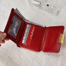 Ladies' Black PU Leather Metal Accent Trifold Short Wallet With Zipper Pocket Daily Use & Gift For Women Wallet Mini Wallet Purse Wallet Small Wallet Cute Wallet - Red - View 3