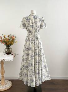 Rusttydustty 大码女式复古蓝白波西米亚度假风腰部纽扣短袖连衣裙