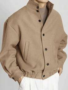 INCERUN Mens Stand Collar Button Front Long Sleeve Casual Basic Solid Jacket Coat Fall Overcoat - Khaki - View 4