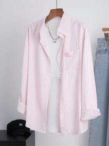 Women's Solid Color Pocket Embroidery Button Casual Shirt - Pink - View 3