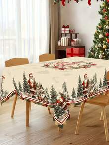 1pc Christmas Tablecloth, Vintage Santa Claus Snowman Christmas Tree Reindeer Pattern, 100% Polyester, Round/Rectangular, Holiday Kitchen Dining Table Decor, Christmas Party Decoration, Home Decor - Multicolor - View 6