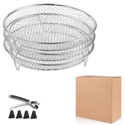 3-Tier Stackable Stainless Steel Air Fryer Racks - 7.8" Diameter & 5.5" Height, Universal Fit For 4.2QT-6.8QT Fryers, Even Heat Distribution For Baking, Stackable Dehydrator Stand, Grill Basket, Drain Basket, Filter Rack, Pressure Cookers & Ovens, Dishwasher, Space-Saving Design For Family Cooking