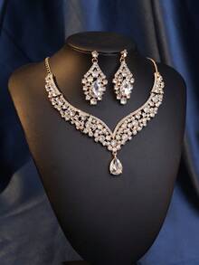 Bộ 4 món vương miện cô dâu thời trang, vòng cổ và bông tai bằng hợp kim kẽm đính đá lấp lánh - Bộ phụ kiện cưới thanh lịch cho cô dâu - Phụ kiện ngày Valentine - Vàng - Xem 21