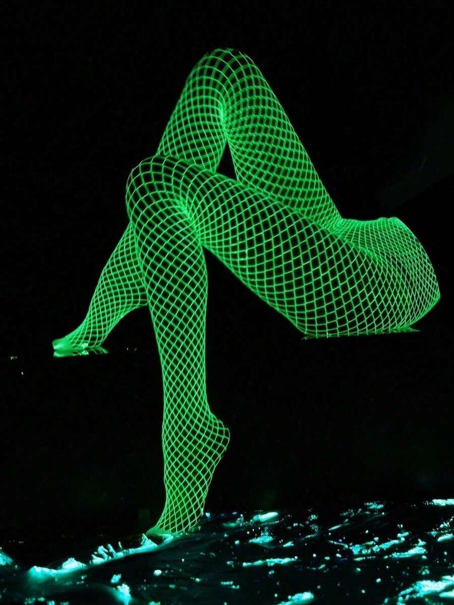 1 Peça Meia-Calça Luminosa, Brilha no Escuro, Meia-Calça de Rede, Meia-Calça de Rede de Pesca Luminosa Sexy, Meia-Calça de Dança, Cintura Alta Vazada, Meia-Calça Fluorescente para Festa, Meia-Calça Feminina que Só Brilha sob Luz Solar ou Luz Forte. - Multicolorido - Visão 1