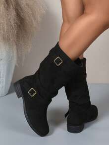 2025 Autunno/Inverno Nuovi stivali con tacco impilato plissettato per donna, stile western con punta affusolata, tacco largo vintage nero, stivali al polpaccio, adatti per feste