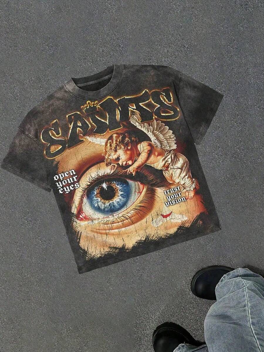 230g Washed, Printed T-Shirts, Open Your Eyes-Trust, High-Quality Batik Cotton Retro Fashion Brand T-Shirts, Men's T-Shirts, Summer T-Shirts, Holiday Gifts, Perfect Gifts. - màu đen - Xem 1