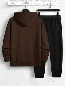 Bộ đồ nam dài tay trễ vai màu trơn có mũ trùm đầu và quần nỉ có dây rút, dáng rộng thoải mái, mùa thu - màu nâu - Xem 3