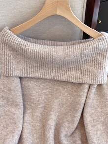 优雅女士长袖针织露肩毛衣保暖中长弹力常规长度套头衫 - 卡其色 - 查看 4