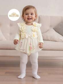 Conjunto de vestido y pelele para niña recién nacida, cuello redondo, manga larga, estampado floral, encaje, tutú, mono con diadema - Caqui - Ver 3