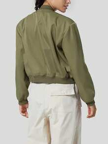 Women's 2025 Autumn/Winter Workwear Jacket With Button Closure, Ribbed Waist, Baseball Jacket, Motorcycle Jacket (With Pockets) - 軍綠色 - 查看 2