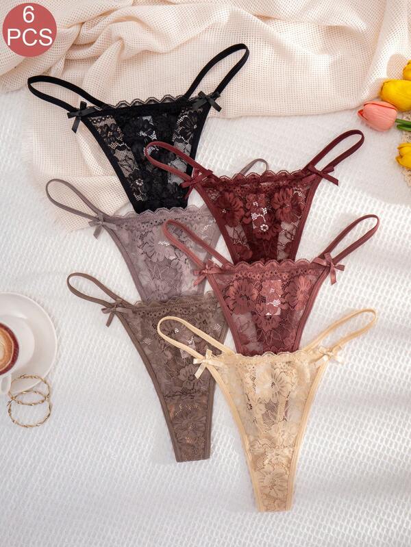 Paquete de 6 bragas tipo tanga de unicolor con lazo de encaje cómodas para mujer