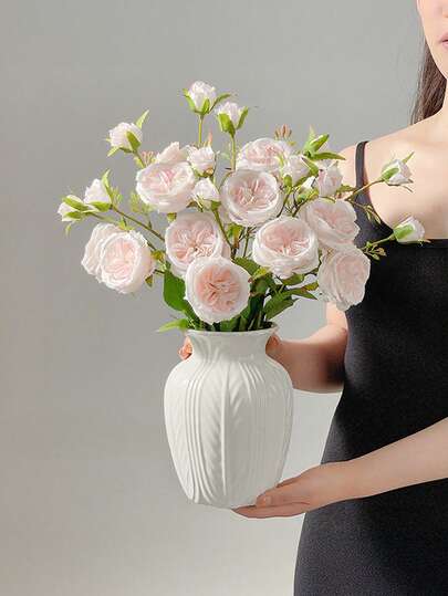 1PC Shatterproof Faux Ceramic Plastic Vase, Moderne Minimalist Home Wit Gestreepte Textured Cylindrical Elegante Multi Functional ative Flower Vase Wedding, Office, Seasonal Displays, Year Round Indoor/Outdoor Room Glass