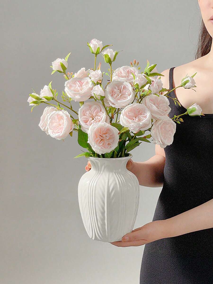 1 Bình hoa nhựa giả gốm chống vỡ, trang trí nhà tối giản hiện đại, thiết kế hình trụ có họa tiết sọc trắng, bình hoa trang trí đa năng thanh lịch cho đám cưới, văn phòng, trưng bày theo mùa, sử dụng trong nhà/ngoài trời quanh năm