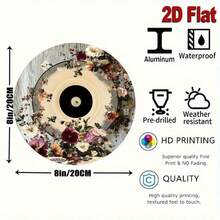2D Flat - Room Decor Charming Floral Vinyl Record Design Metal Sign, Round Aluminum 2D Printed Decor, Vintage Wall Art, With For Home, Kitchen, Garden, Office - Unique Christmas Gift, Retro Metal - 彩色 - 查看 4