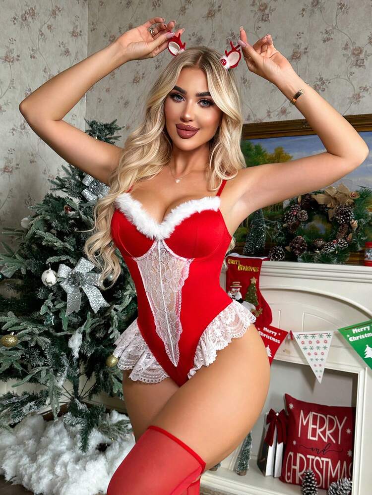 Conjunto de lencería sexy con body de encaje blanco, parches, piel sintética y red, con diadema, para disfraz de Navidad - Rojo - Añade 3