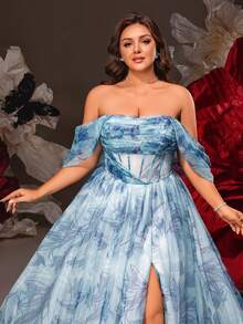 VIPGIRL 优雅蓝色花朵露肩大码礼服，高开衩，薄纱覆盖，长款正式晚礼服，女士公主风格舞会礼服，婚礼宾客礼服，奢华舞会礼服，女士派对礼服 - 藍色 - 查看 7