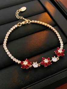 1pc Stainless Steel 18K Plated Floral Rhinestone Pendant Bracelet, Luxury Women's Accessory Suitable For Party, Date, Work - Yellow Gold - View 6