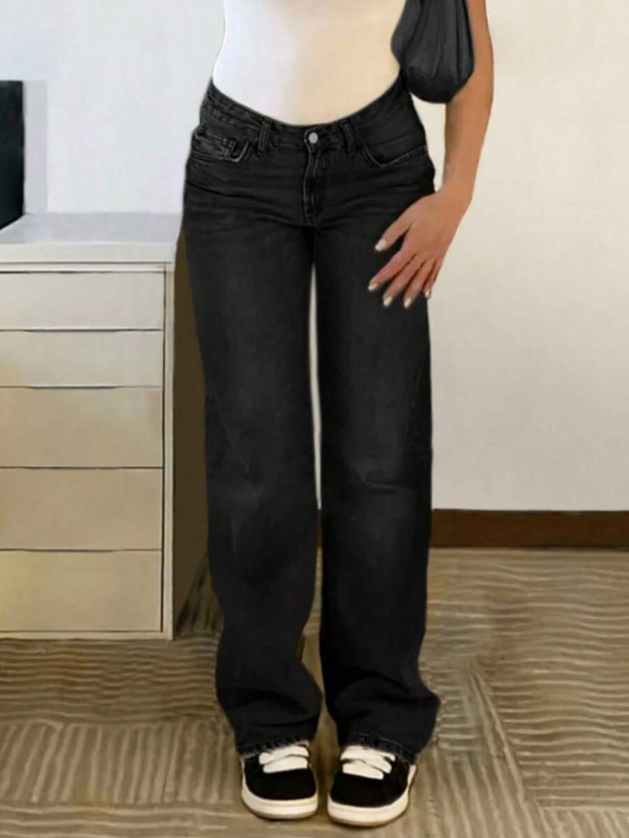 青少年直筒灰色牛仔裤 - 黑色 - 查看 1