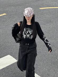 Women's Retro Floral Print Long Sleeve T-Shirt, Summer Casual Spring - Black - View 4