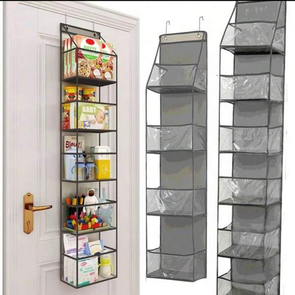 1 Piece Of 4/6 Grid Foldable Hanging Snack, Toy, Clothing Storage Bag With Two Hooks For Wall/Cabinet, Kitchen, Bathroom Door Pendant (Black/Gray)