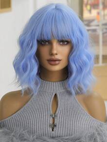 优雅时尚女士假发，14 英寸皇家蓝色耐热合成假发，节日旅行、派对、角色扮演演员假发，日常音乐节、万圣节必备假发 - 寶藍色 - 查看 4