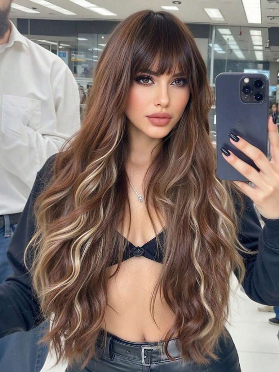 24 Inch Long Wavy Wigs With Bangs Brown Mixed Blonde Wigs For Women Brown Ombre Hair With Blonde Wigs,Heat-Resistant Synthetic Wigs For Daily Party Cosplay Wigs - 彩色 - 查看 1
