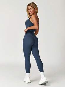 MASKERT "2-Piece Set"Women's Vest Yoga Tight Pants Set, High Stretch Running Sports Set, Comfortable And Skin Friendly - 藏蓝色 - 查看 3